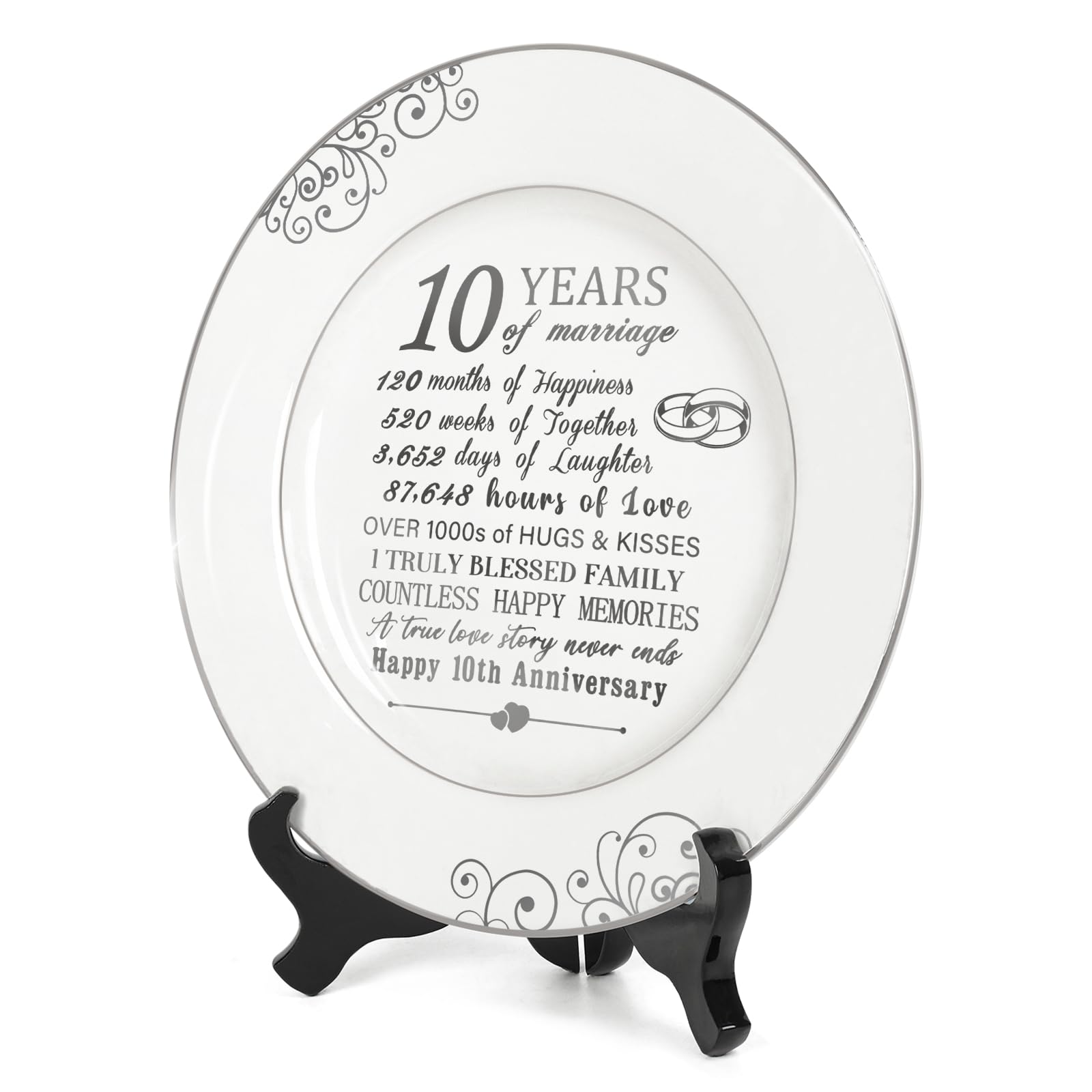 Urllinz 10th Anniversary Plate with Platinum Foil-10 Year Anniversary Wedding Gifts for Her Couples,Happy Tin Anniversary Wedding Gifts for Him,10th Anniversary Ideas Decorations,Ceramic 9 Inch