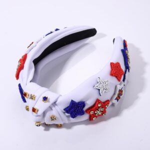 GLBCC 4th of July Knot Headband for Women Red White Blue Star Hairband Pearl Rhinestone Stars Beaded USA Patriotic Knotted Head Band Headpiece Hair Accessories (patriotic headband A)