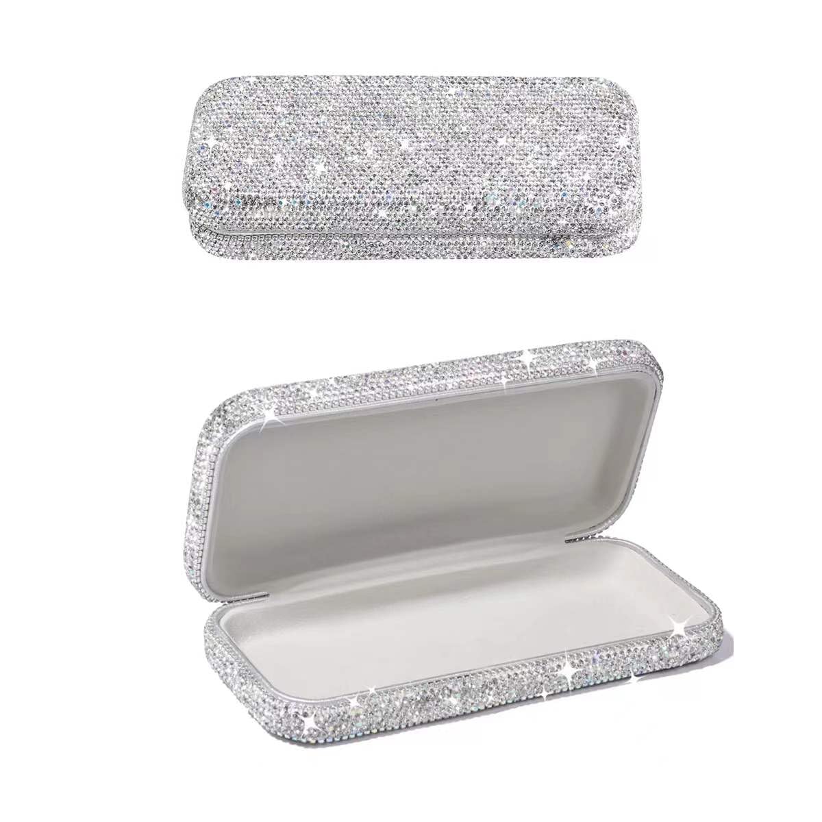 Unisex Bling Diamond-Encrusted Hard Portable Protective Shell Eyeglasses Cases for Women Men with Cleaning Cloth (Silver)