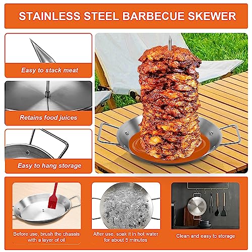 Al Pastor Skewer for Grill, Stainless Steel Vertical Skewer, Brazilian Vertical Spit Stand with 3 Removable Spikes(8”/10"/12”)& Brushes, for Tacos Al Pastor, Shawarma Kebabs Smoker Oven BBQ Dishes