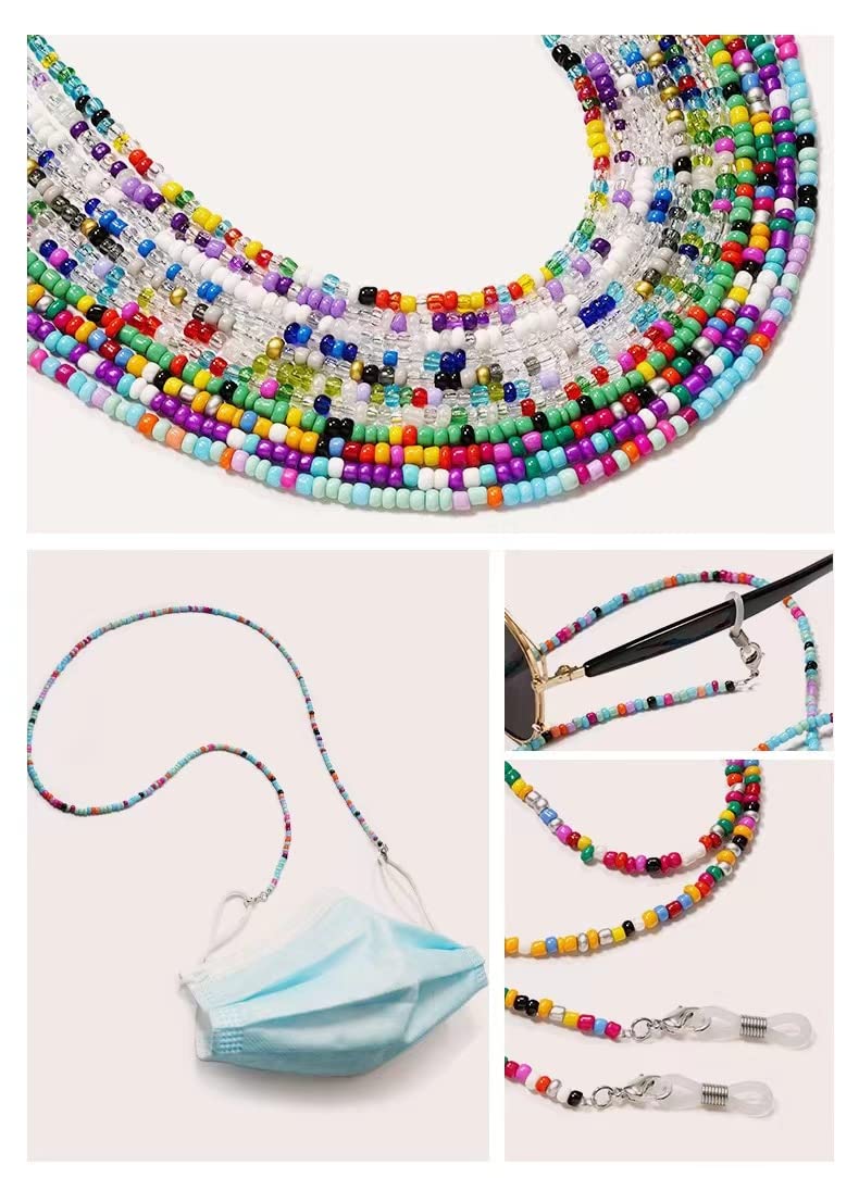 8 Pcs Beaded Eyeglass Chains for Women & Girls, Multifunction Colorful Mask Glasses Lanyard Sunglass Holder Strap Around Neck,Bead Holders Face Mask Chains Clamp Necklace Strap with Eyeglass Loop