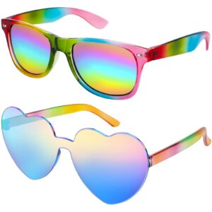 hifot heart shaped rimless sunglasses + rainbow sunglasses, festival party glasses for women men kids, gay pride sunglasses