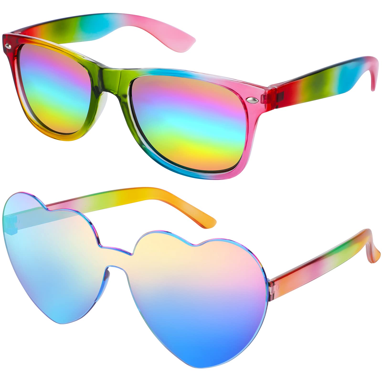 Hifot Heart Shaped Rimless Sunglasses + Rainbow Sunglasses, Festival Party Glasses for Women Men Kids, Gay Pride Sunglasses