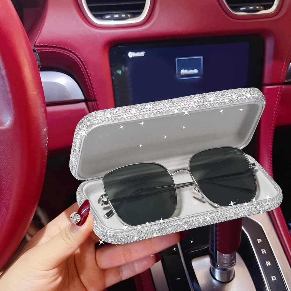 Unisex Bling Diamond-Encrusted Hard Portable Protective Shell Eyeglasses Cases for Women Men with Cleaning Cloth (Silver)