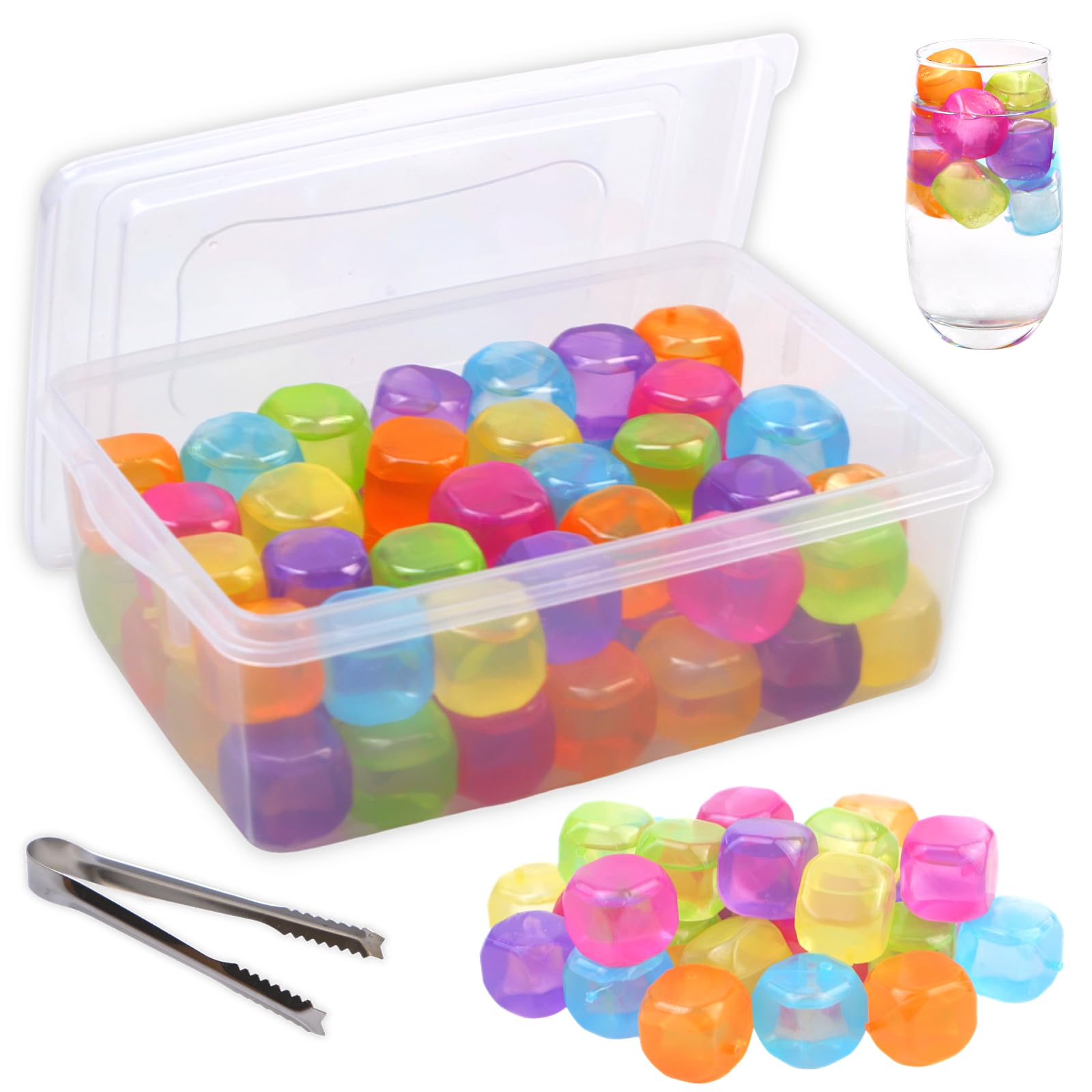 Reusable Ice Cube with Lid & Bin, 60 Pack Plastic Ice Cubes for Drinks BPA Free, Colorful Refreezable Square Ice Cubes for Water Bottles, Whiskey, Vodka, Coffee, Beer or Wine, Non-Diluting