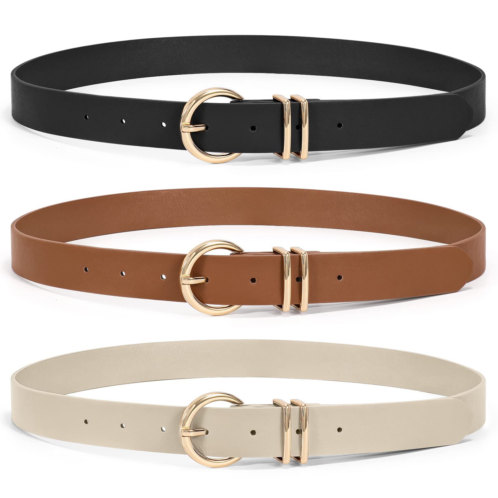 XZQTIVE 3 Pack Women Belts For Jeans Dresses Pants Ladies Leather Waist Belt with Gold Buckle