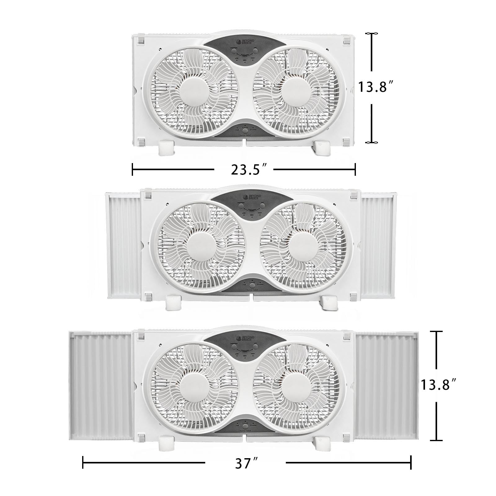 BEYOND BREEZE 9" Blades Twin Window Fan, 3-Speed 3-Function Expandable Dual Window Fan with Reversible Airflow Blades and Remote Control for Kitchen, Home, Bathroom, Width Adjustable