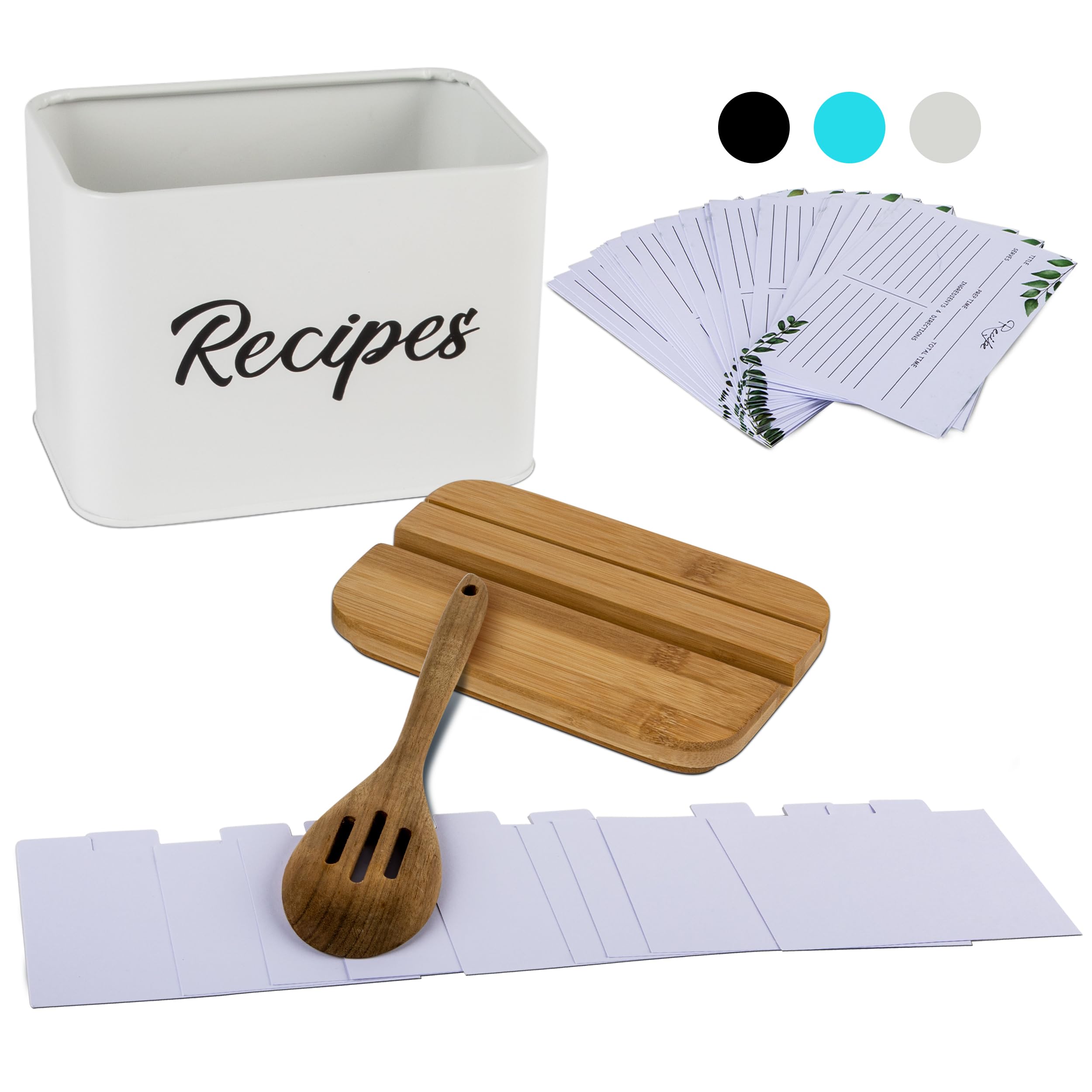 ArtEight Recipe Box - White - 4"x6" Recipe Cards and Box Set - Durable Recipe Card Box with Thicker Metal - Includes 25 Cards and 10 Dividers - Beautiful Recipe Box with Cards and Dividers