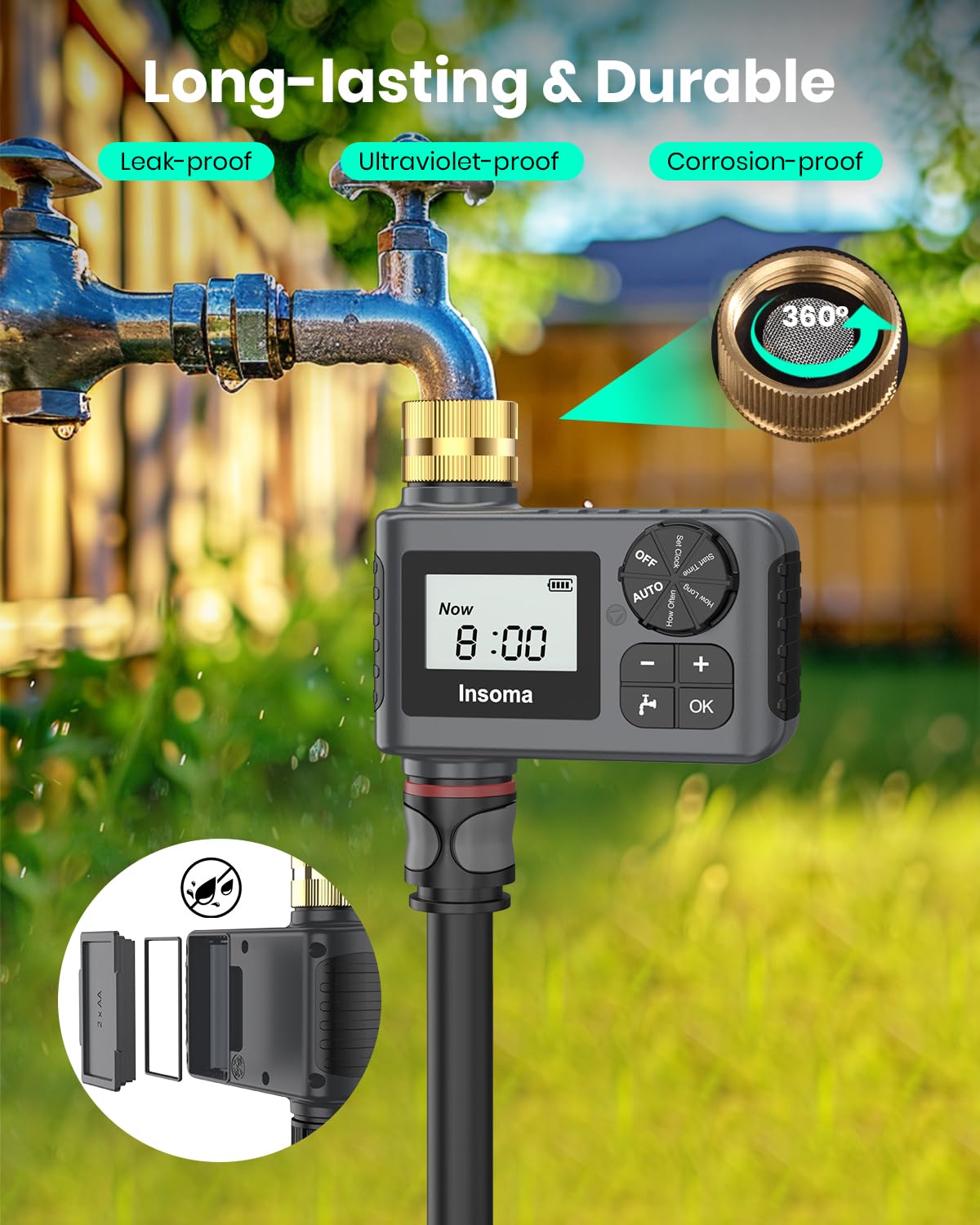 [Upgraded Version] Sprinkler Timer with Brass Swivel, Programmable Water Timer for Outdoor Garden Hose, Hose Timers with Rain Delay/Manual/Auto Mode, Drip Irrigation and Lawn Watering System, 1 Outlet