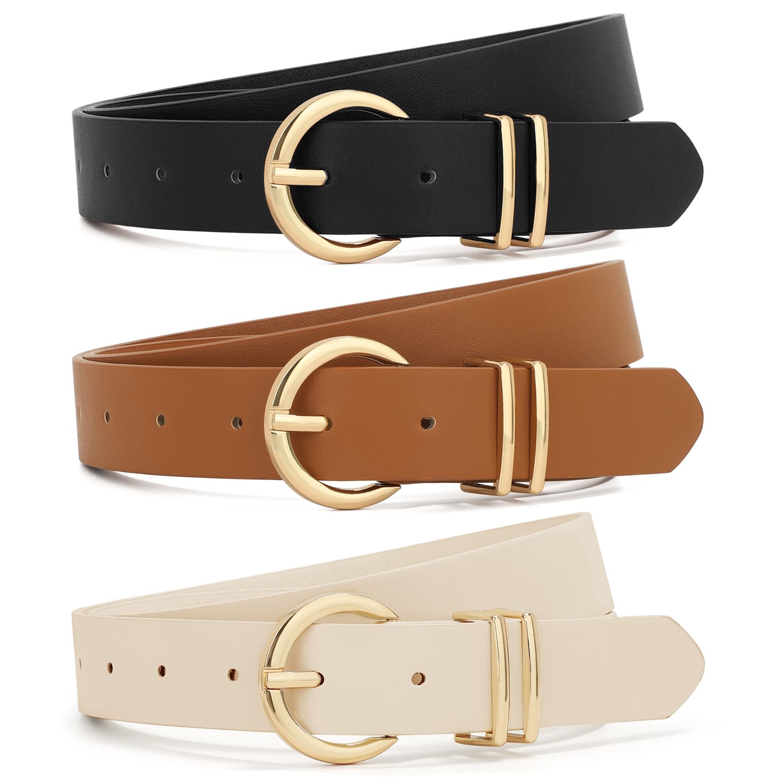 XZQTIVE 3 Pack Women Belts For Jeans Dresses Pants Ladies Leather Waist Belt with Gold Buckle