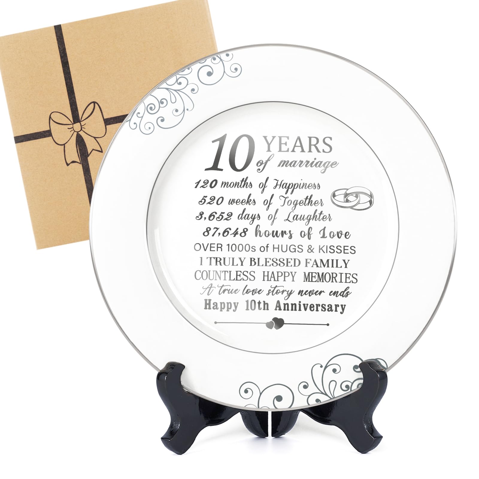 Urllinz 10th Anniversary Plate with Platinum Foil-10 Year Anniversary Wedding Gifts for Her Couples,Happy Tin Anniversary Wedding Gifts for Him,10th Anniversary Ideas Decorations,Ceramic 9 Inch