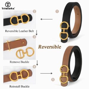 TRIWORKS Women Reversible Leather Belt for Jeans Pants Fashion Ladies Belt with Gold Buckle, A-Black+Brown, Suit for Waist 26"-32"