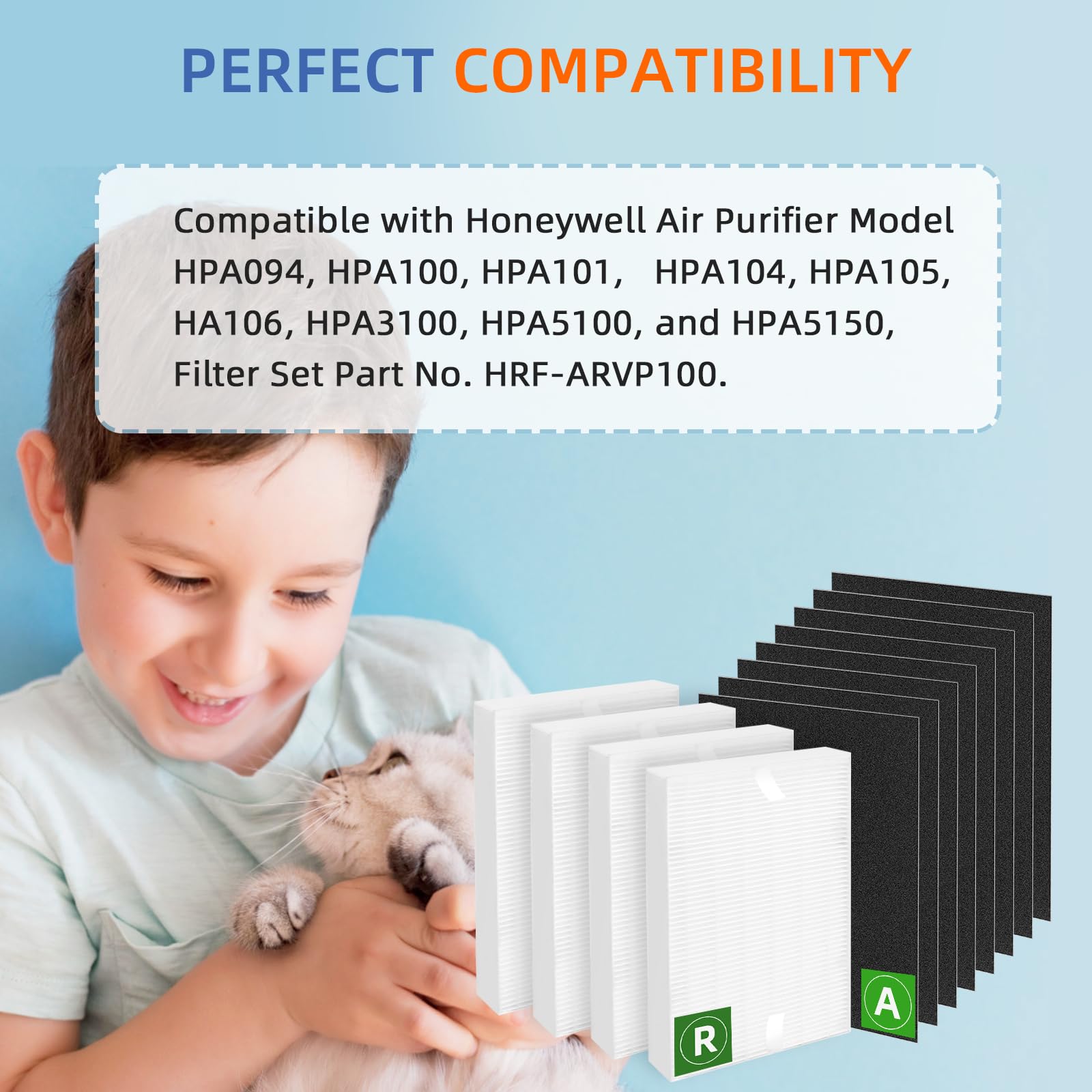 HPA100 Replacement Filters for Honeywell Air Purifier,Compatible with HPA100,HPA094, HPA104, HPA105 HPA3100, HPA5100,4 True HEPA R Filter + 8 Activated Carbon Pre-Filter A,Part No. HRF-ARVP100