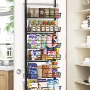 Mefirt Over The Door Pantry Organizer, Pantry Storage and Organization, 6-Tier Adjustable Hanging Baskets, Metal Wall Mount Spice Rack Seasoning Shelves for Home & Kitchen, Laundry Bathroom - Black