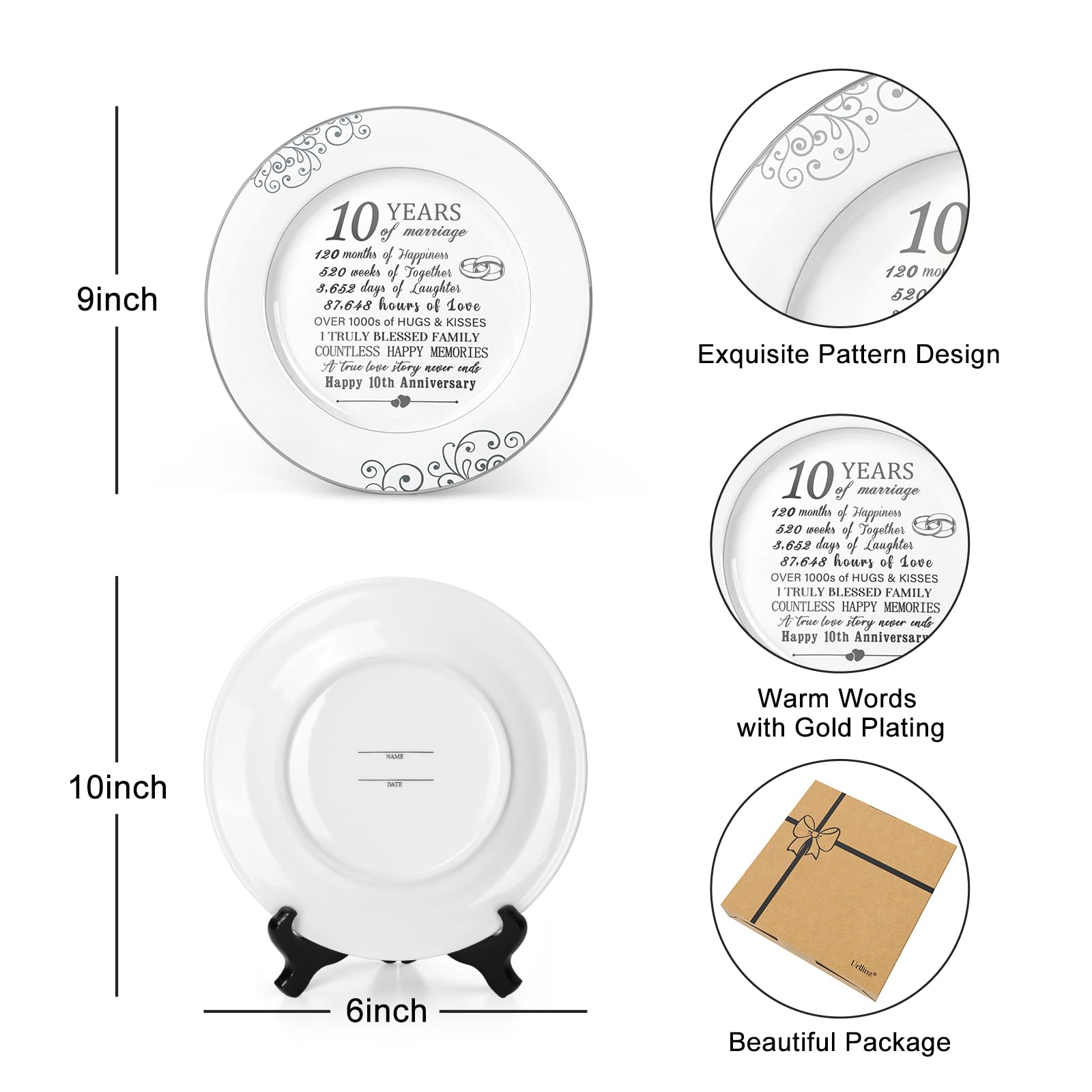 Urllinz 10th Anniversary Plate with Platinum Foil-10 Year Anniversary Wedding Gifts for Her Couples,Happy Tin Anniversary Wedding Gifts for Him,10th Anniversary Ideas Decorations,Ceramic 9 Inch