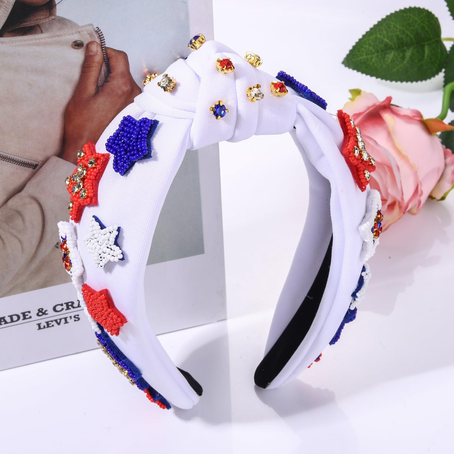 GLBCC 4th of July Knot Headband for Women Red White Blue Star Hairband Pearl Rhinestone Stars Beaded USA Patriotic Knotted Head Band Headpiece Hair Accessories (patriotic headband A)