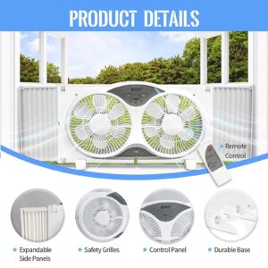 BEYOND BREEZE 9" Blades Twin Window Fan, 3-Speed 3-Function Expandable Dual Window Fan with Reversible Airflow Blades and Remote Control for Kitchen, Home, Bathroom, Width Adjustable