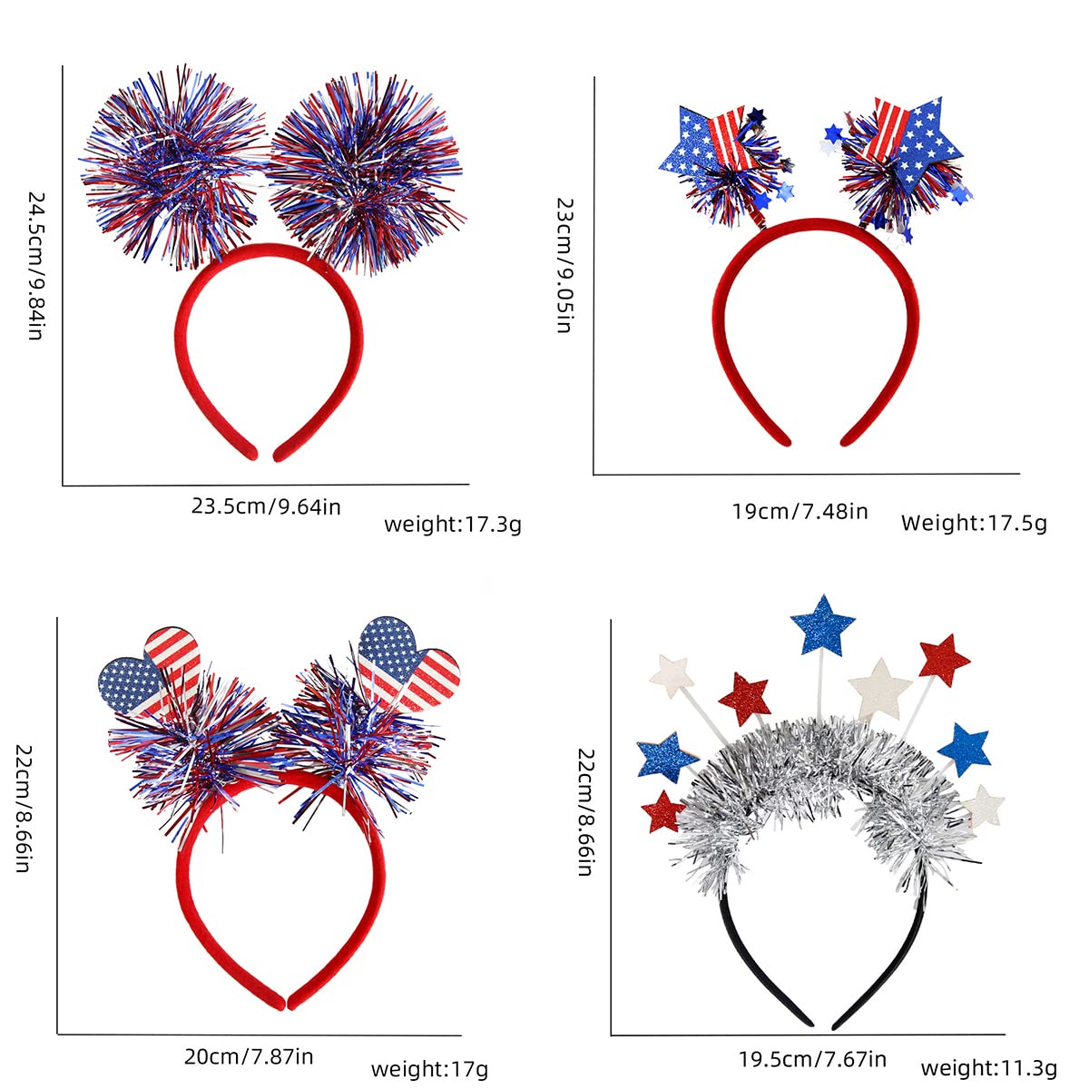 DIUEWOW 4PCS Patriotic Head Boppers Headband 4th of July Party Favors Star Love Heart Flashing Design Independence Day Hair Accessories Headwear for Veteran's Day and Memorial Day