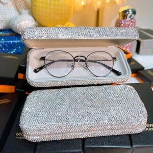 Unisex Bling Diamond-Encrusted Hard Portable Protective Shell Eyeglasses Cases for Women Men with Cleaning Cloth (Silver)