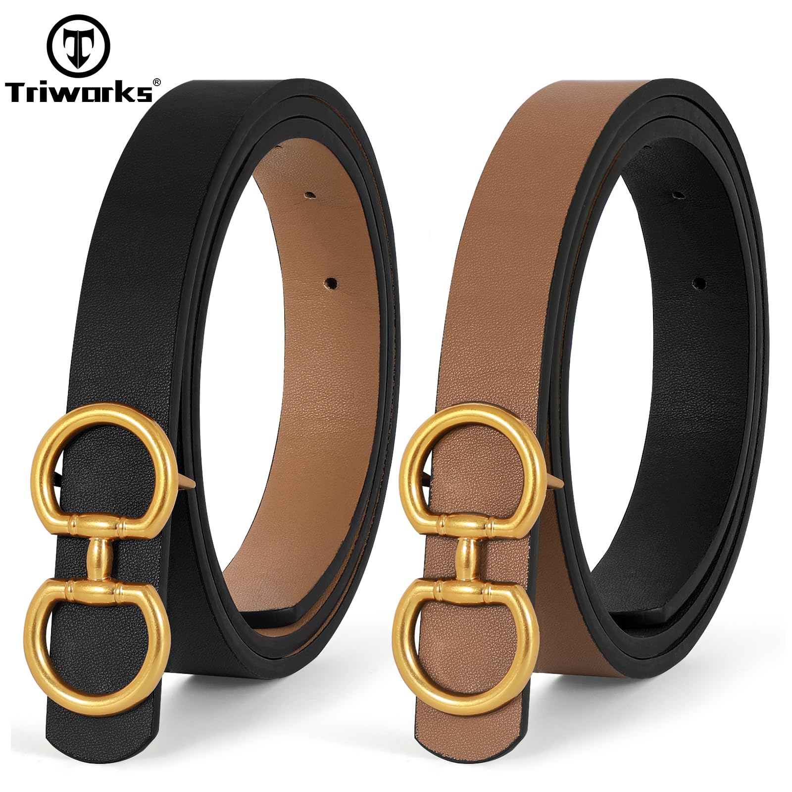 TRIWORKS Women Reversible Leather Belt for Jeans Pants Fashion Ladies Belt with Gold Buckle, A-Black+Brown, Suit for Waist 26"-32"