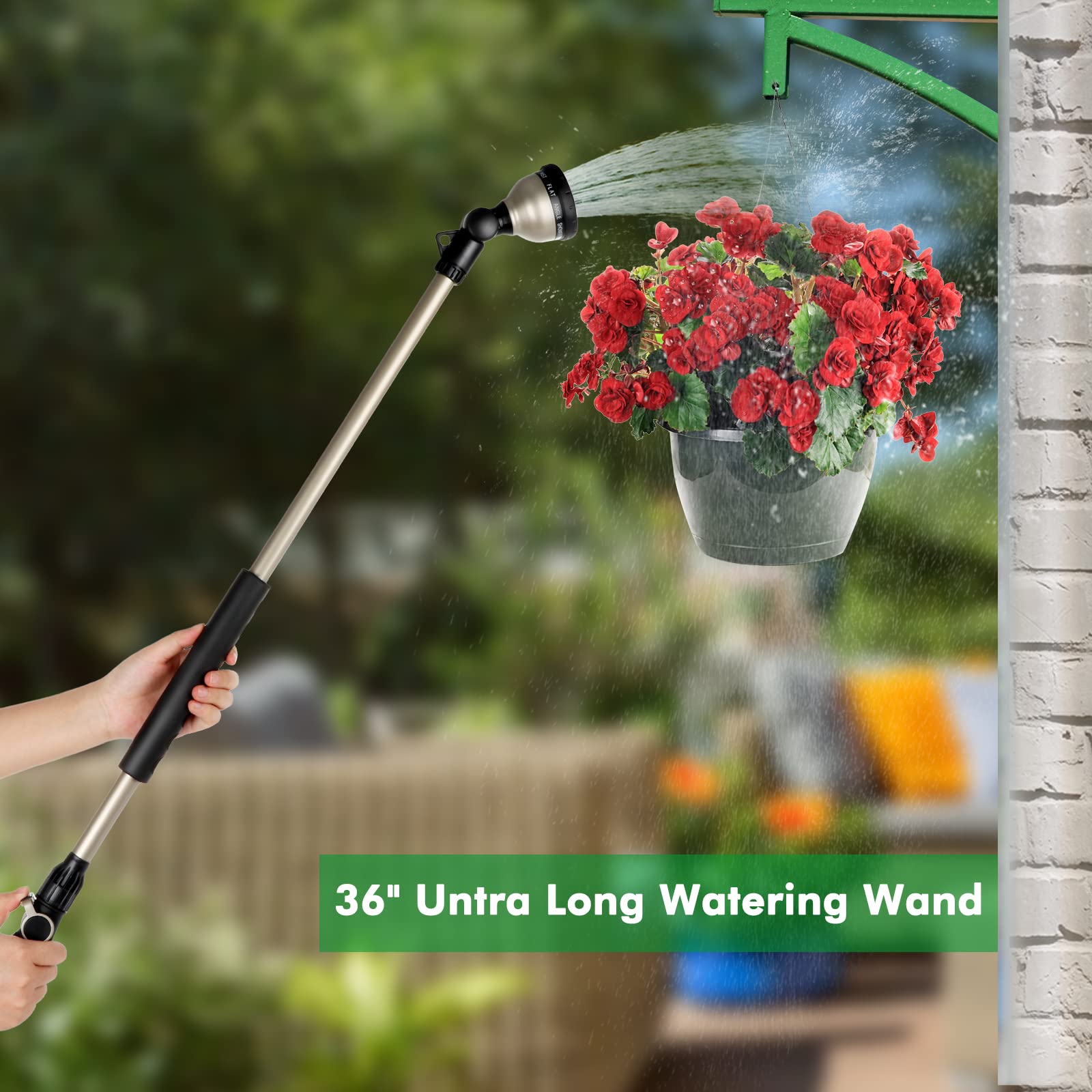 RESTMO 36” Long Watering Wand, Metal Garden Hose Wand with 180° Swivel Head and 10 Spray Patterns, 3ft Heavy Duty Hose Nozzle Sprayer with Thumb Flow Control, Ideal to Water Hanging Baskets, Shrubs