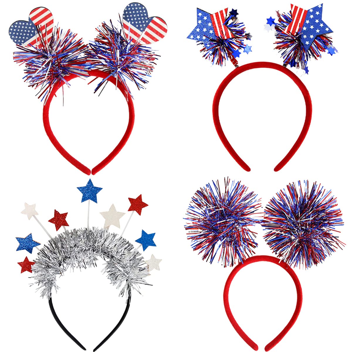 DIUEWOW 4PCS Patriotic Head Boppers Headband 4th of July Party Favors Star Love Heart Flashing Design Independence Day Hair Accessories Headwear for Veteran's Day and Memorial Day