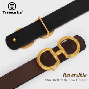 TRIWORKS Women Reversible Leather Belt for Jeans Pants Fashion Ladies Belt with Gold Buckle, A-Black+Brown, Suit for Waist 26"-32"