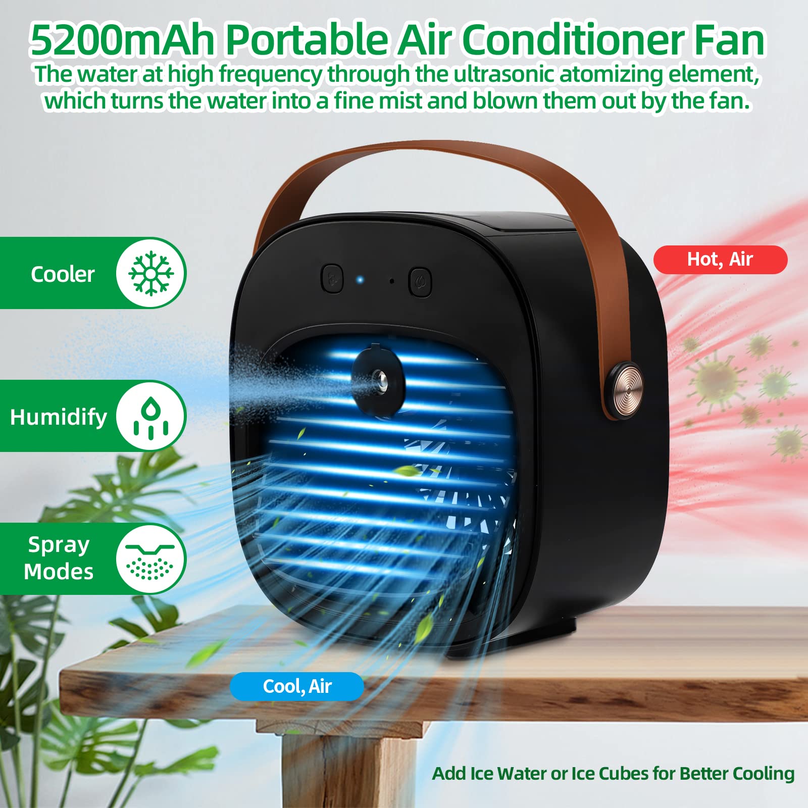 Portable Air Conditioners Rechargeable, 5200mAh Mini Air Conditioner, Personal Air Cooler with 3 Speeds, Small Desk Air Conditioner for Bedroom, Office, Outdoor