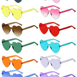 Colrea 12 Pairs Heart Sunglasses for Women Men, Trendy Heart Shaped Rimless Transparent Sunglasses, Colorful Frameeless Heart Glasses, Bachelorette Party Favors