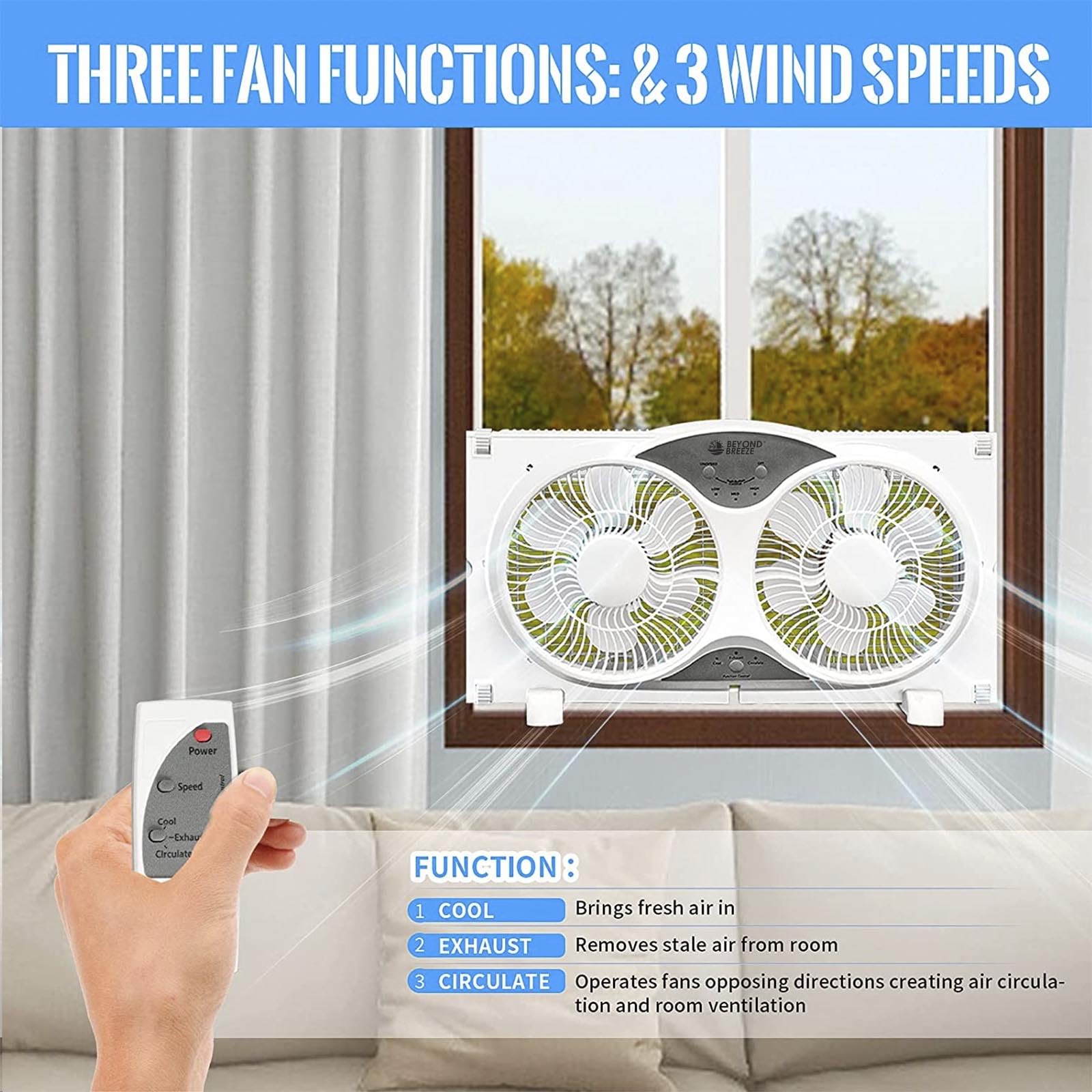 BEYOND BREEZE 9" Blades Twin Window Fan, 3-Speed 3-Function Expandable Dual Window Fan with Reversible Airflow Blades and Remote Control for Kitchen, Home, Bathroom, Width Adjustable