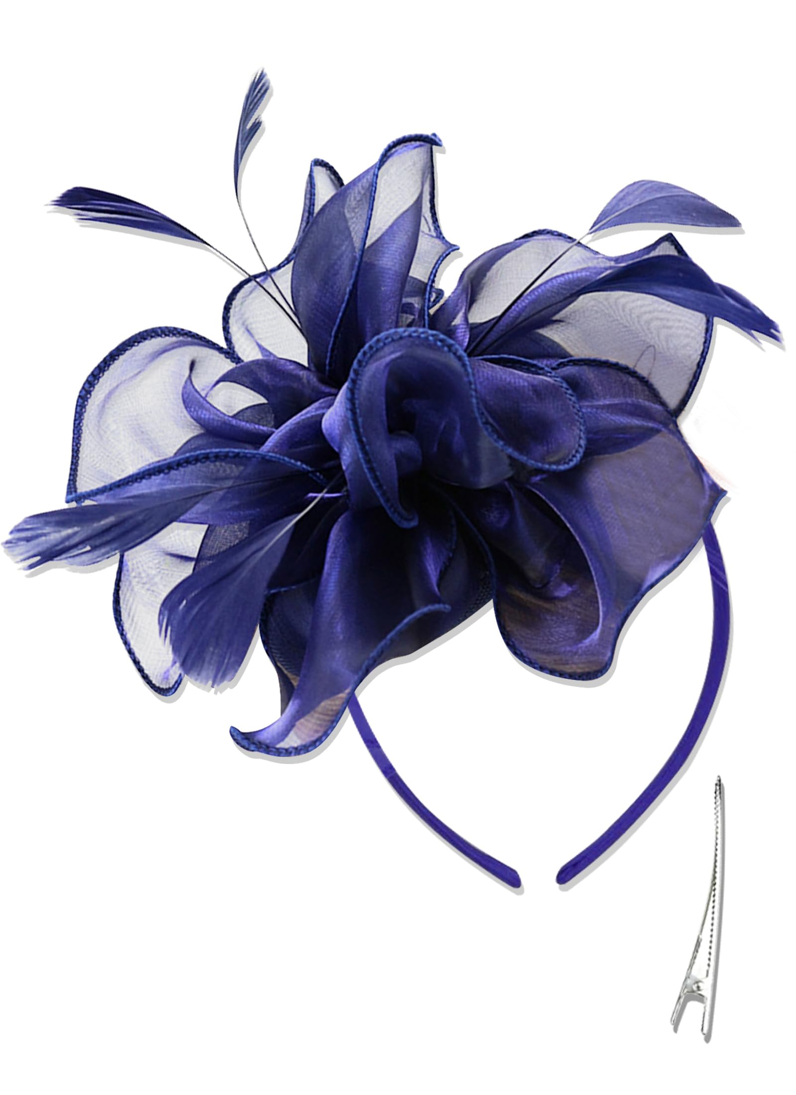 QDC Fascinators Hat Tea Party Derby Headwear Wedding Cocktail Hair Clip Bowler Feather Flower for Girls and Women Darkblue