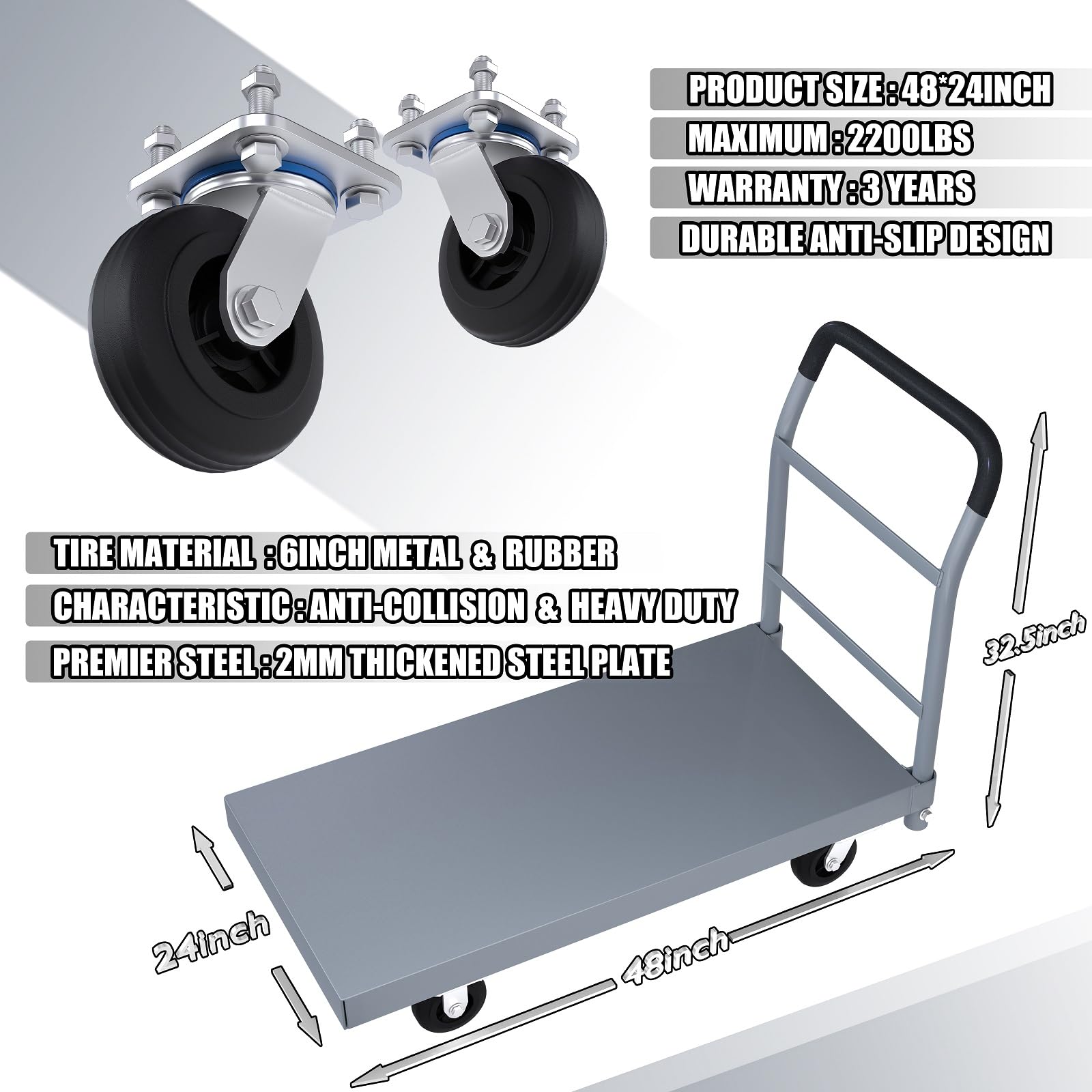 Heavy Duty Flatbed Cart, 2200LB Foldable Platform Truck Industrial Grade Weight Capacity, 48''L*24''W Platform Cart, Steel Hand Push Dolly Cart for Garden, Warehouse＆Yard