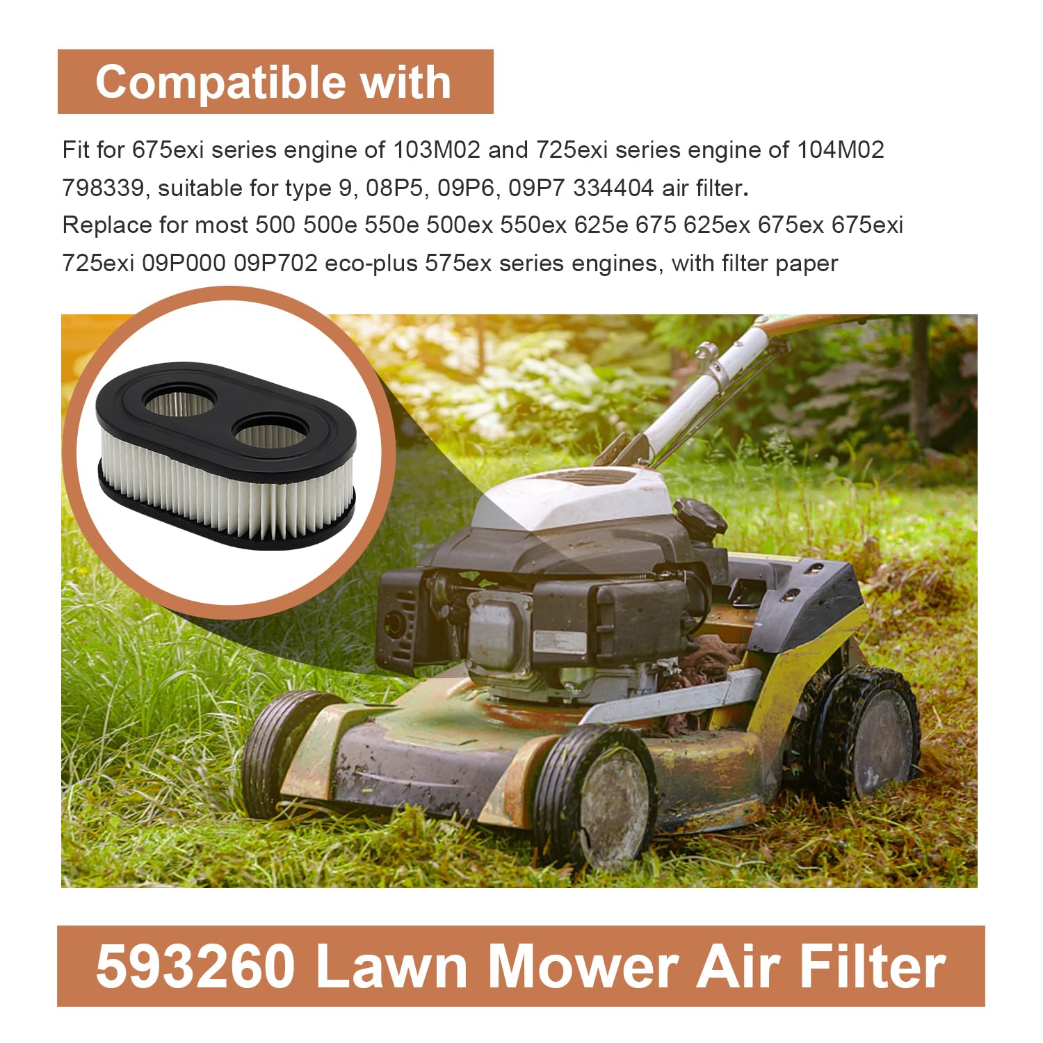 593260 Lawn Mower Air Filter Fit for 593260 798452 334404 Series Engine 550E 500EX 550EX 625 575EX 4247 5432 5432K 09P00 09P702 Lawn Mower Air Filter Mower Series Engine Accessories - 2 Pack