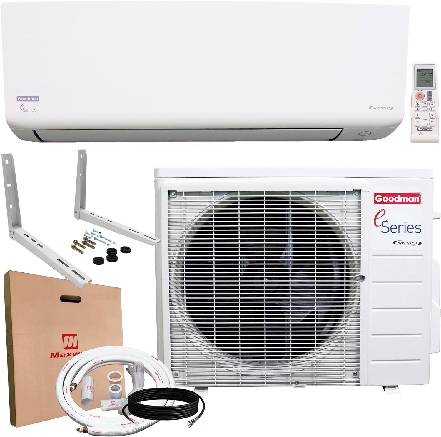 Goodman 12,000 BTU 18 SEER2 Ductless Mini Split Inverter Heat Pump System with Maxwell 16-ft Installation and Wall Bracket (230v)