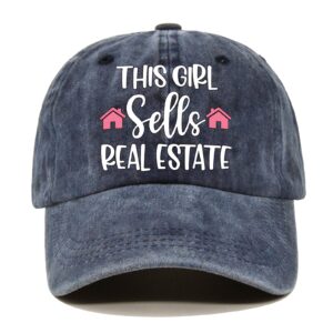 pishovi this girl sells real estate distressed washed blue baseball cap, vintage adjustable cotton cap, birthday gifts for colleagues friends, real estate gifts to realtors mom