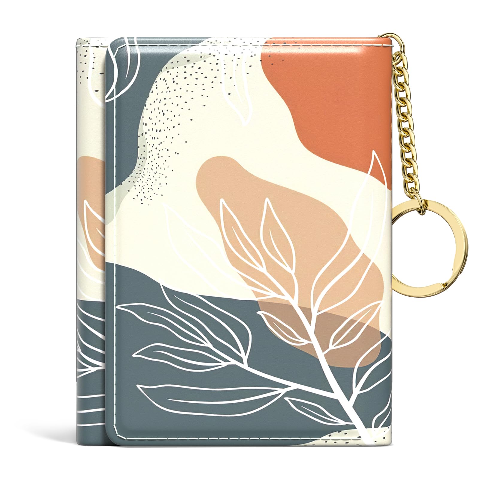 Rouidr Womens Wallet, Small Slim RFID Card Wallets for Women, Trifold Leather Card Wallet Organizer, Cute Front Pocket Wallets with 7 Card Slots & ID Window, Abstract Boho Leaves