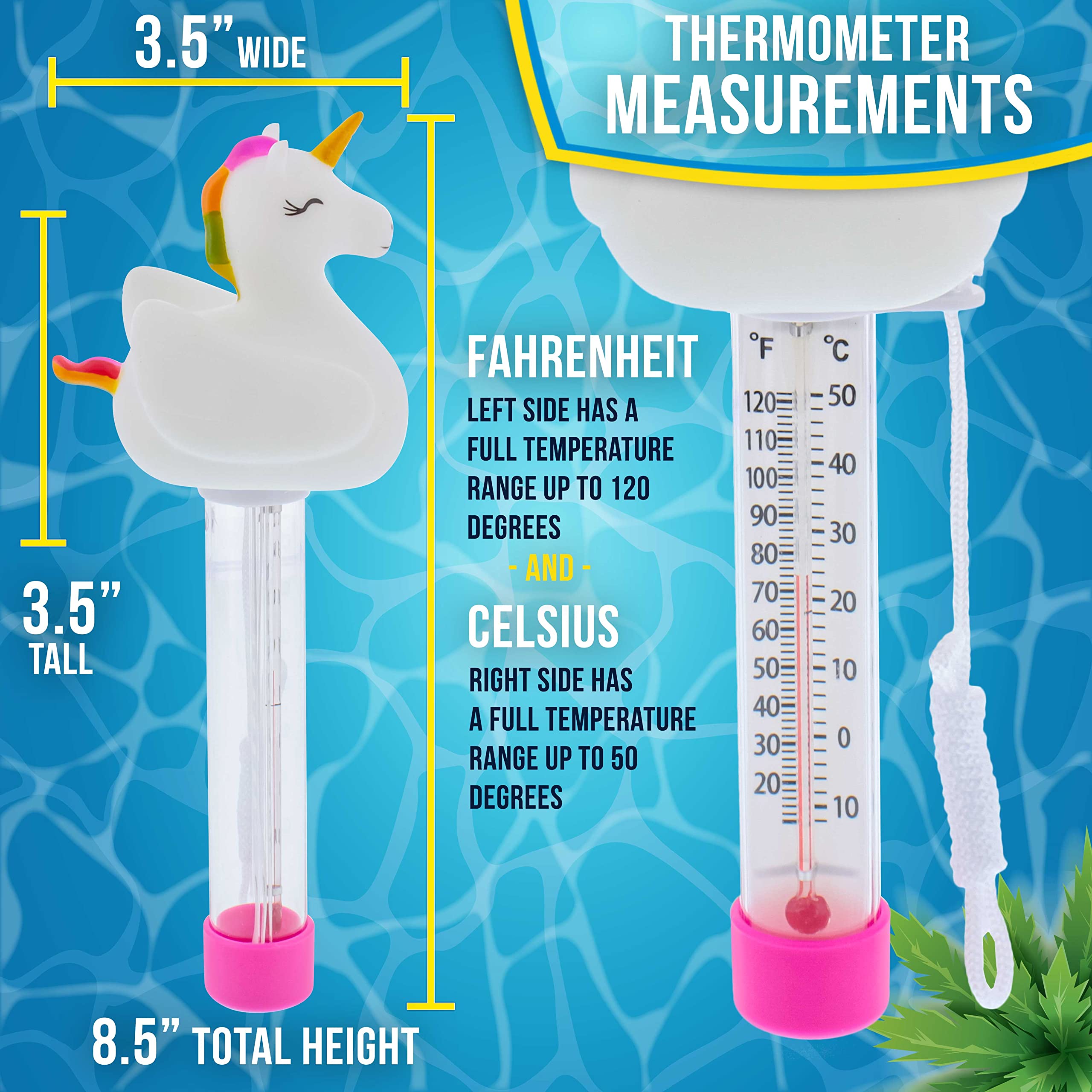 U.S. Pool Supply Floating Unicorn Thermometer - Easy to Read Temperature Display, Measures up to 120° Fahrenheit & 50° Celsius, Swimming Pools, Spas, Kids Pools, Cute Fun Pink Animal Pet Float Tether