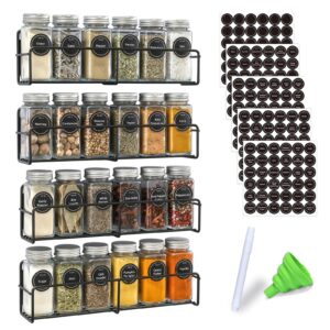 VITEVER Magnetic Spice Rack, 4 Pack, 24 Square Glass Jars with Lids, Quick-Find Pre-Printed Labels, Funnel, Space Saver, Refrigerator and Microwave Oven Organizer