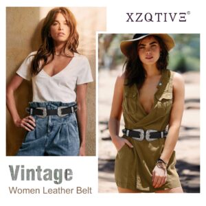 XZQTIVE Women Leather Belt Ladies Vintage Western Belt Retro Cowgirl Leather Belt Black Waist Belt for Pants Jeans Dresses