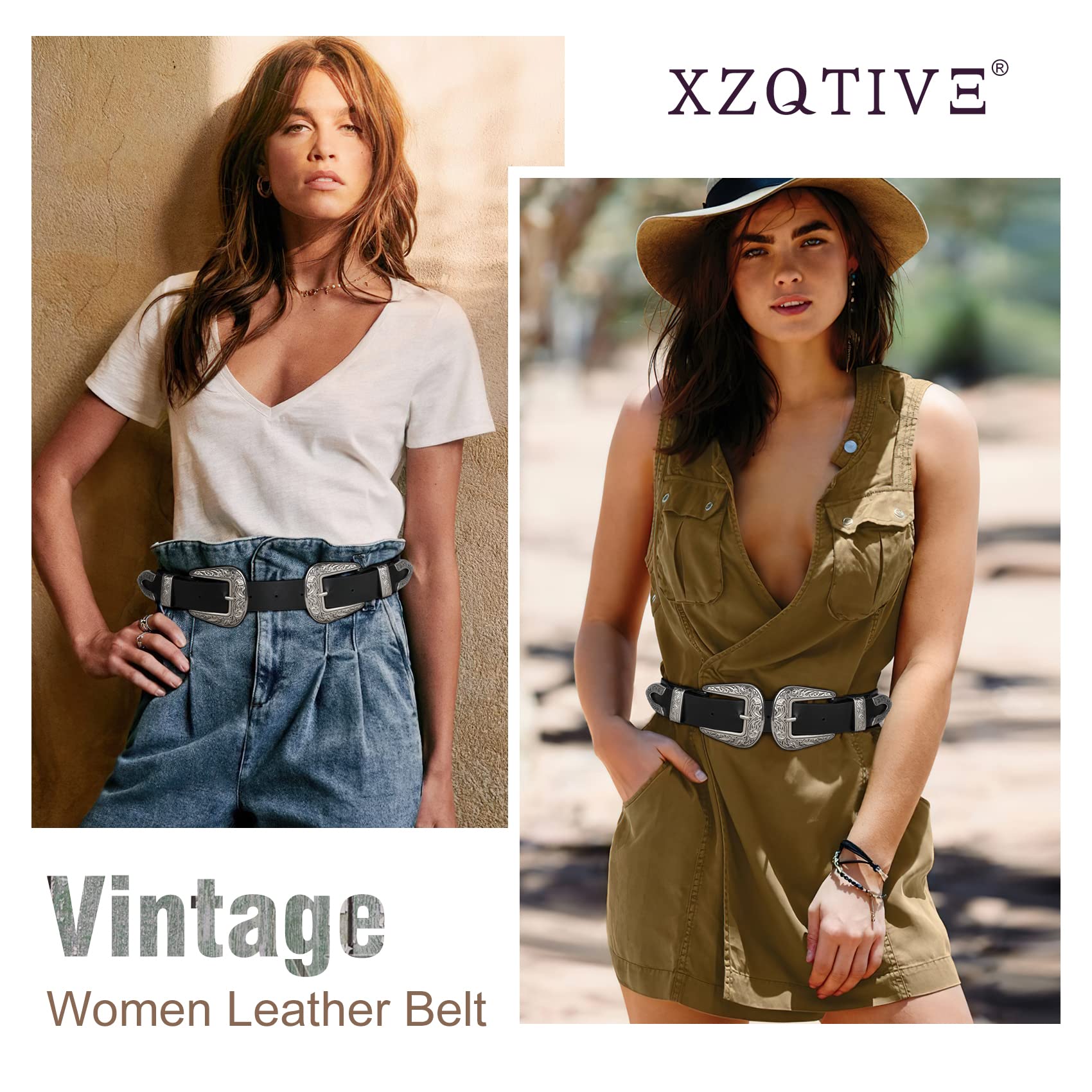 XZQTIVE Women Leather Belt Ladies Vintage Western Belt Retro Cowgirl Leather Belt Black Waist Belt for Pants Jeans Dresses