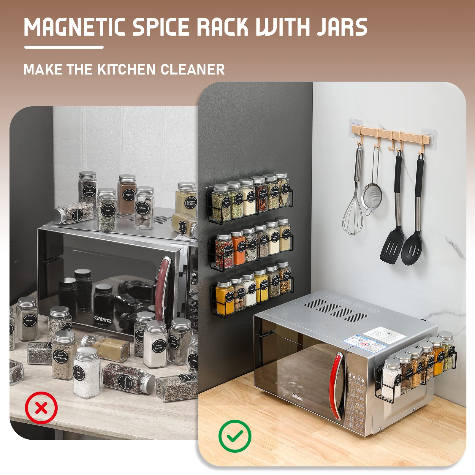 VITEVER Magnetic Spice Rack, 4 Pack, 24 Square Glass Jars with Lids, Quick-Find Pre-Printed Labels, Funnel, Space Saver, Refrigerator and Microwave Oven Organizer