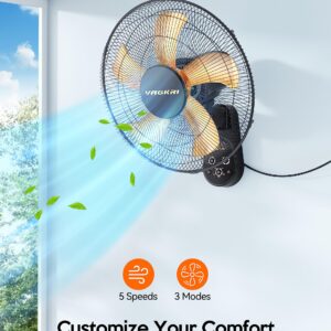 VAGKRI Wall Mount Fan, 16 Inch Wall Fan with 5 Blades, 5 Speeds, 8 Hour Timer, 90° Oscillating Quiet Fan with Remote for Home Office Bedroom Living Room Garage