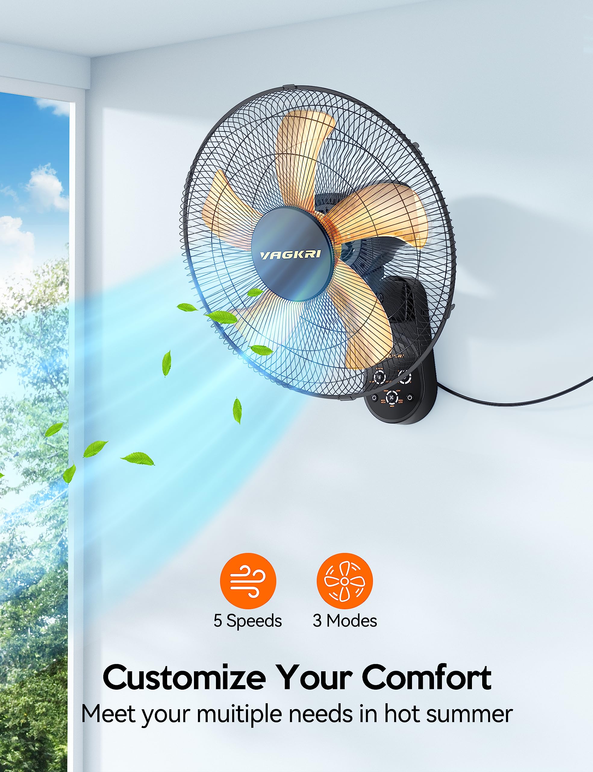 VAGKRI Wall Mount Fan, 16 Inch Wall Fan with 5 Blades, 5 Speeds, 8 Hour Timer, 90° Oscillating Quiet Fan with Remote for Home Office Bedroom Living Room Garage