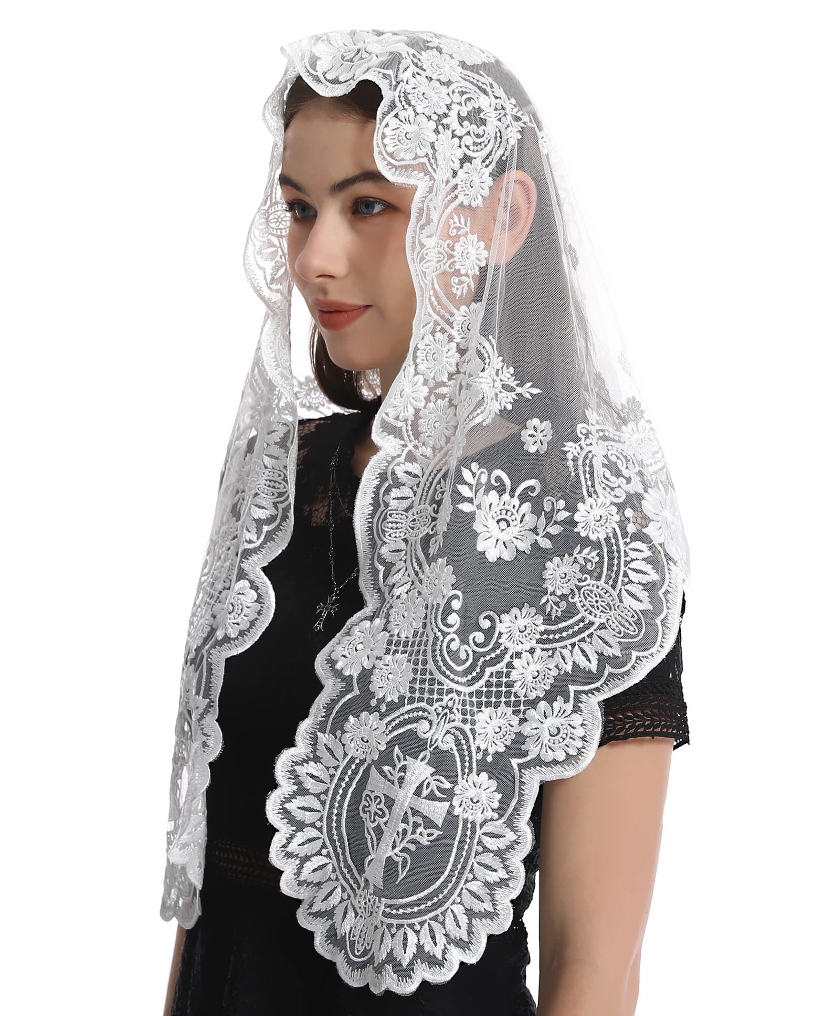 Bozidol Church Triangular Head covering - Cross Chalice Embroidered Vintage Church Veil for Women