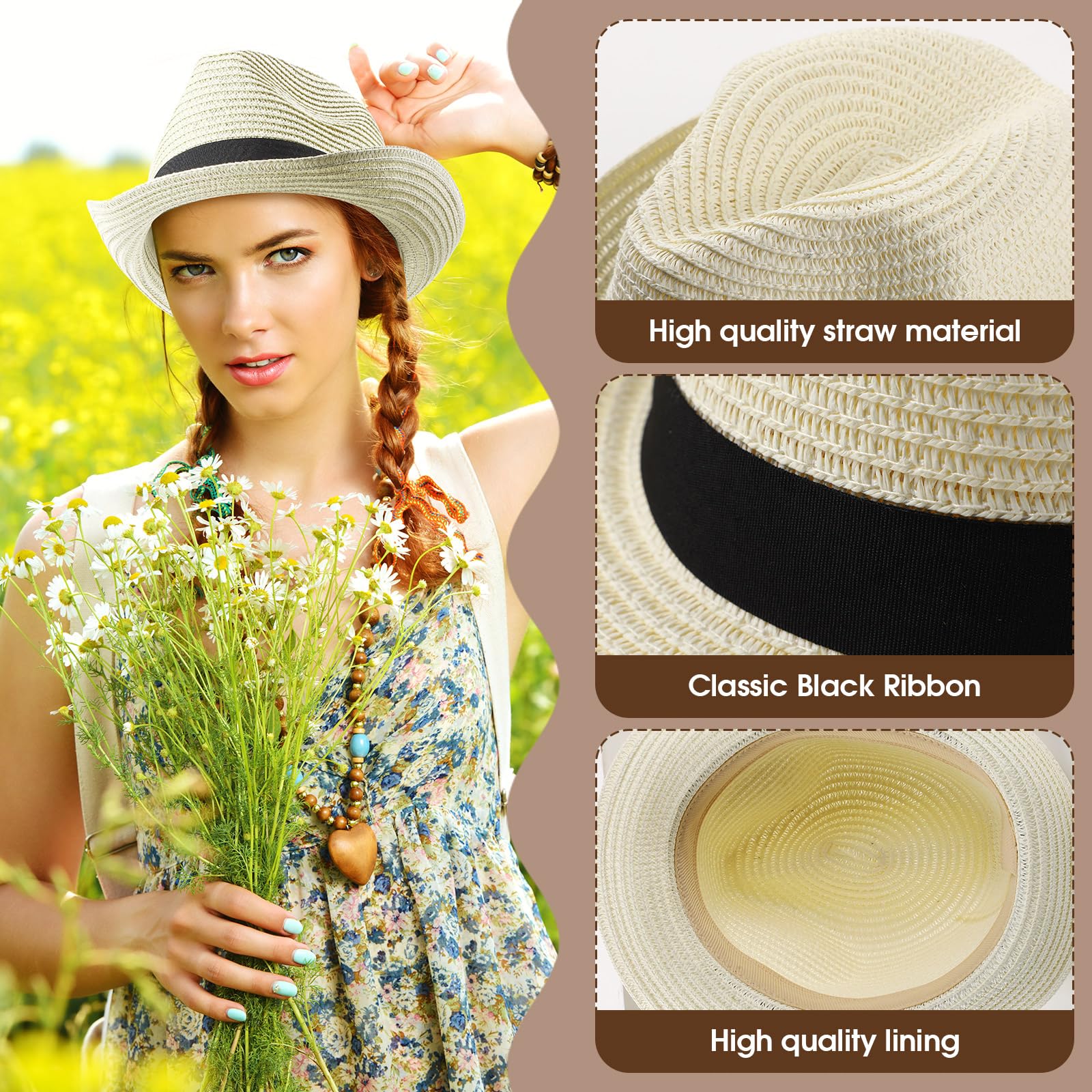 Jeyiour 24 Pcs Women Straw Hat Bulk Panama Hat Men Short Brim Packable Sun Trilby Hat Summer Hats Foldable Straw Beach Hat for Women Men Vacation, Khaki Beige and White