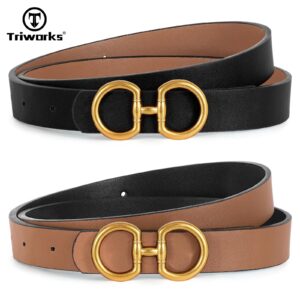 TRIWORKS Women Reversible Leather Belt for Jeans Pants Fashion Ladies Belt with Gold Buckle, A-Black+Brown, Suit for Waist 26"-32"