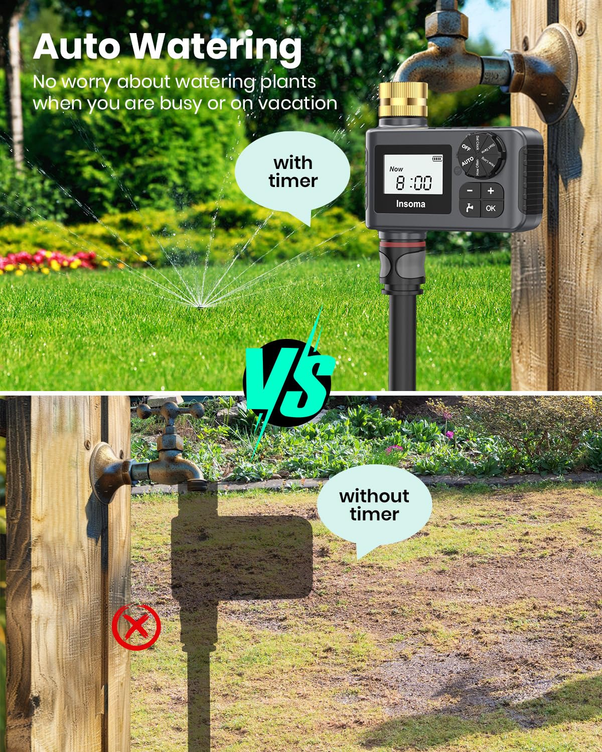 [Upgraded Version] Sprinkler Timer with Brass Swivel, Programmable Water Timer for Outdoor Garden Hose, Hose Timers with Rain Delay/Manual/Auto Mode, Drip Irrigation and Lawn Watering System, 1 Outlet