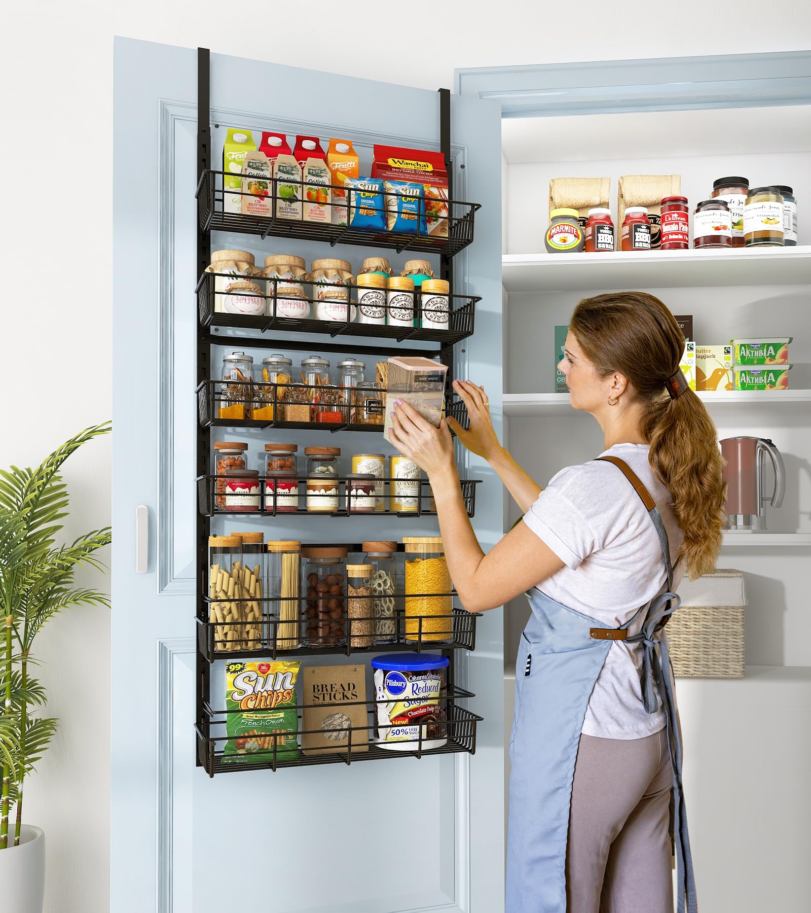 Mefirt Over The Door Pantry Organizer, Pantry Storage and Organization, 6-Tier Adjustable Hanging Baskets, Metal Wall Mount Spice Rack Seasoning Shelves for Home & Kitchen, Laundry Bathroom - Black