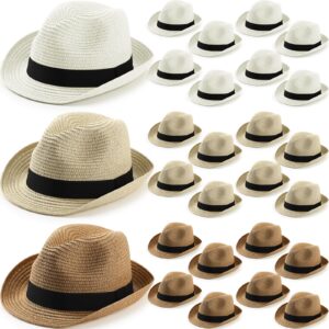 jeyiour 24 pcs women straw hat bulk panama hat men short brim packable sun trilby hat summer hats foldable straw beach hat for women men vacation, khaki beige and white