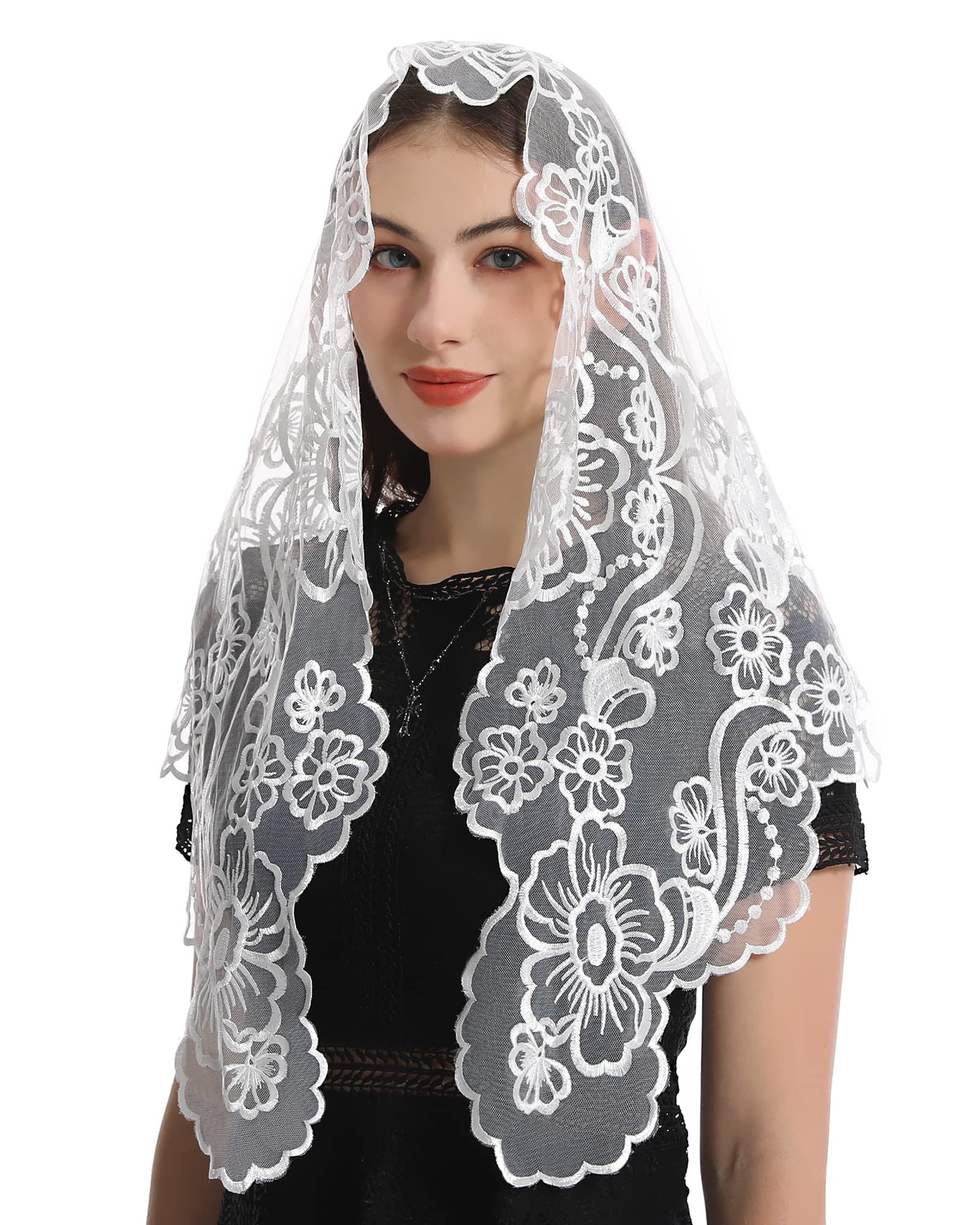 Bozidol Triangle Lace Chapel Veils - Madonna Camellia Embroidered Head Covering for women